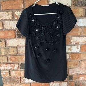 Anne Fontaine Black 3D Flower Steff Silk Blouse Top Pleated Sleeves Womens